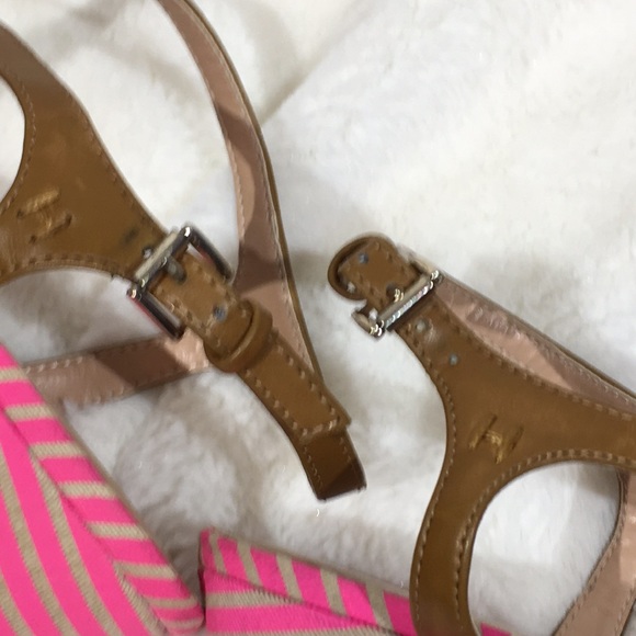 Tommy Hilfiger Open Toe Camel leather strap Pink Stripe wedges - 9.5 - Picture 8 of 8